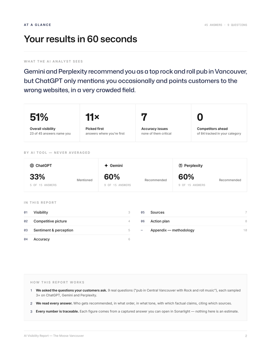 The summary page of a Sonarlight report — visibility, competitors, and accuracy at a glance